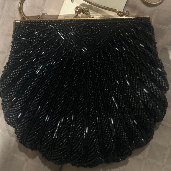 ❌❌SOLD❌❌MAGID Black Beaded Elegant Evening Bag Purse with gold chain - Picture 1 of 4